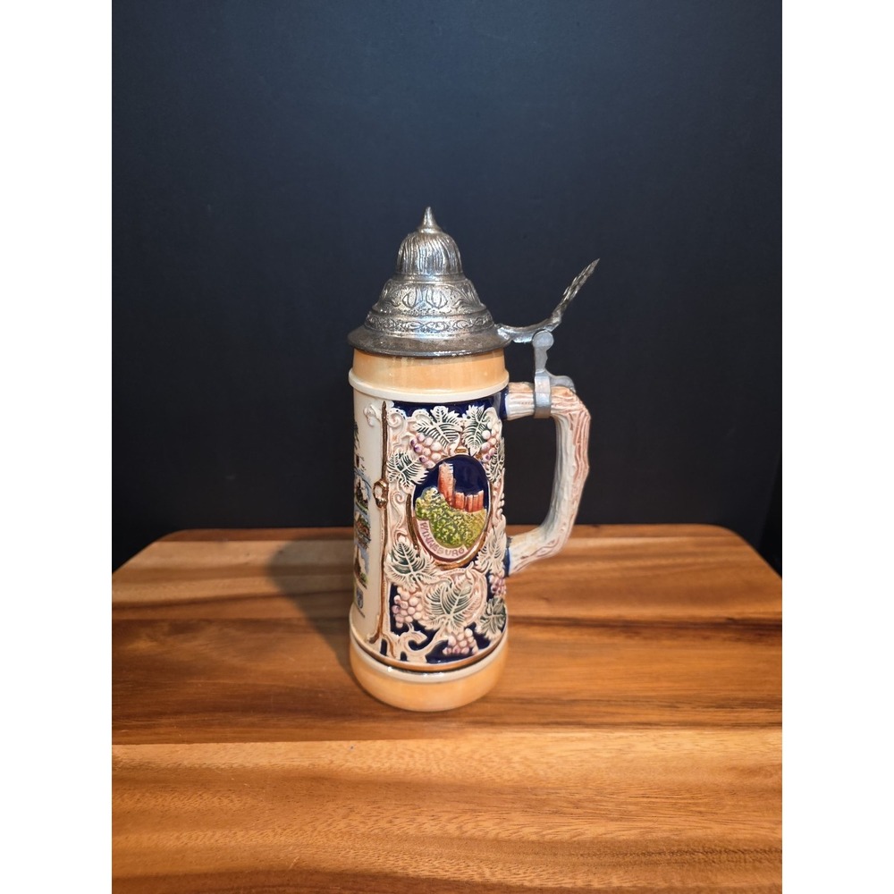 Antq Pre 1800s-1920s Handpainted 10" Stein Mug Made In Germany Rhein River